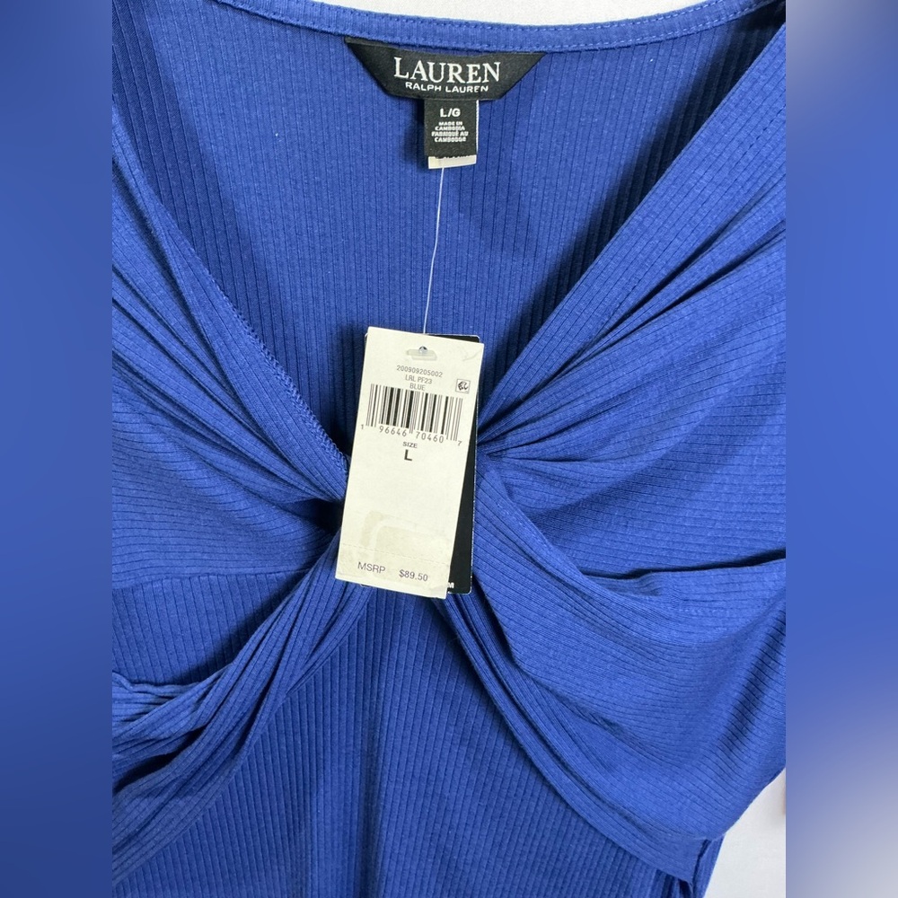 Ralph Lauren Blue V-neck
Elbow sleeves
Twist-front overlay Fitted Blouse Lg New - Picture 4 of 5